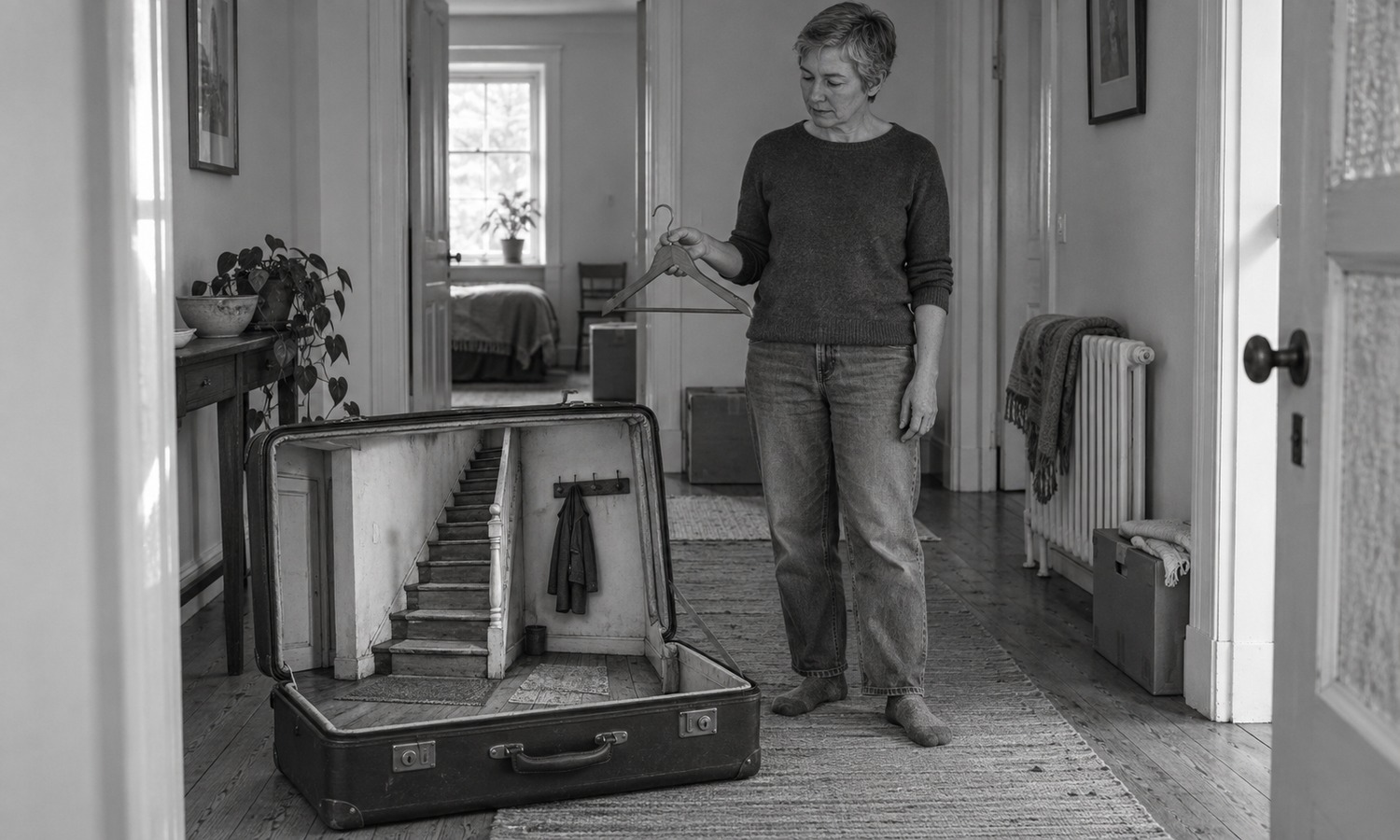 A woman holds an empty wooden hanger beside an open suitcase. Inside the suitcase is a miniature hallway with a staircase and a coat on a hook.