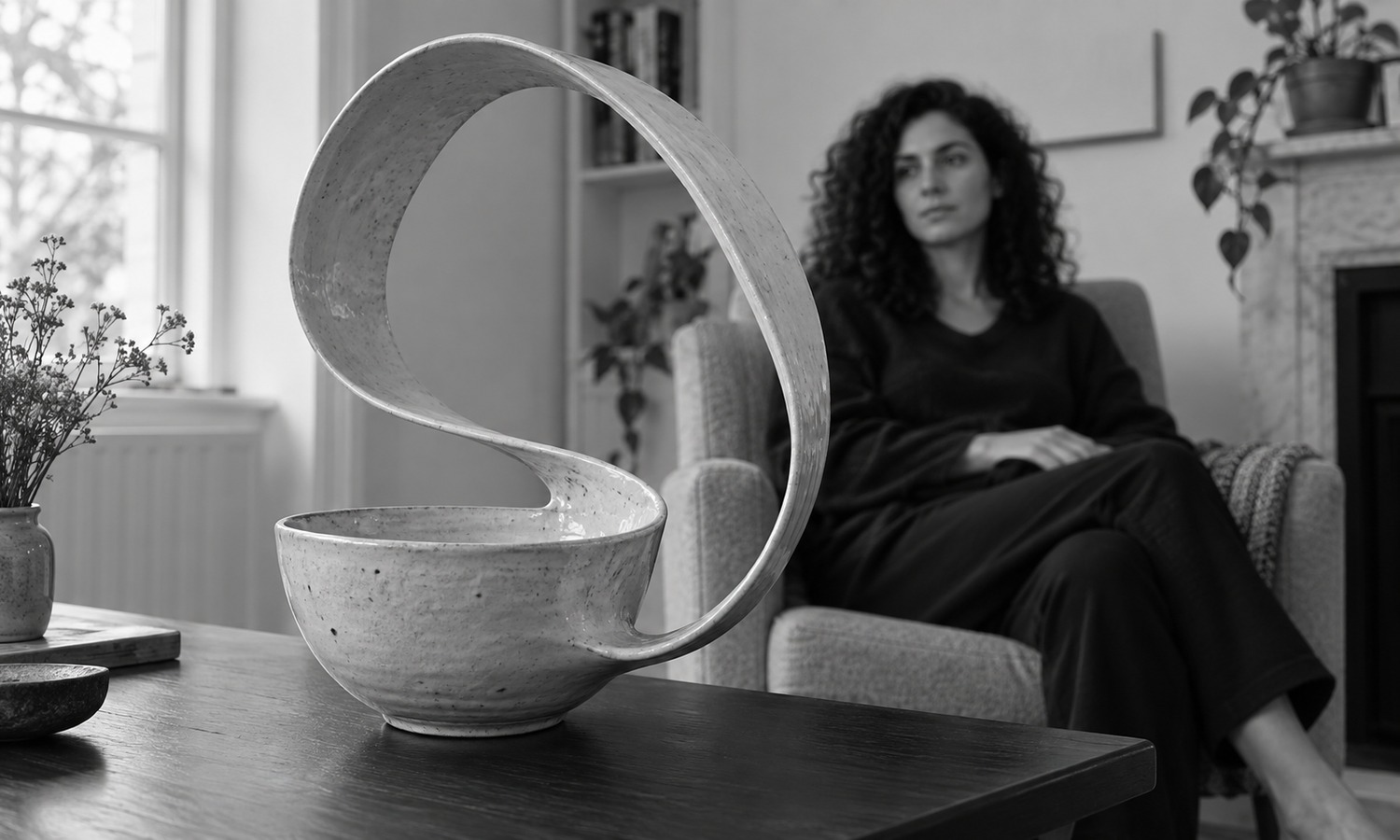 A ceramic bowl unfurls into a tall continuous ceramic loop beside a seated woman.