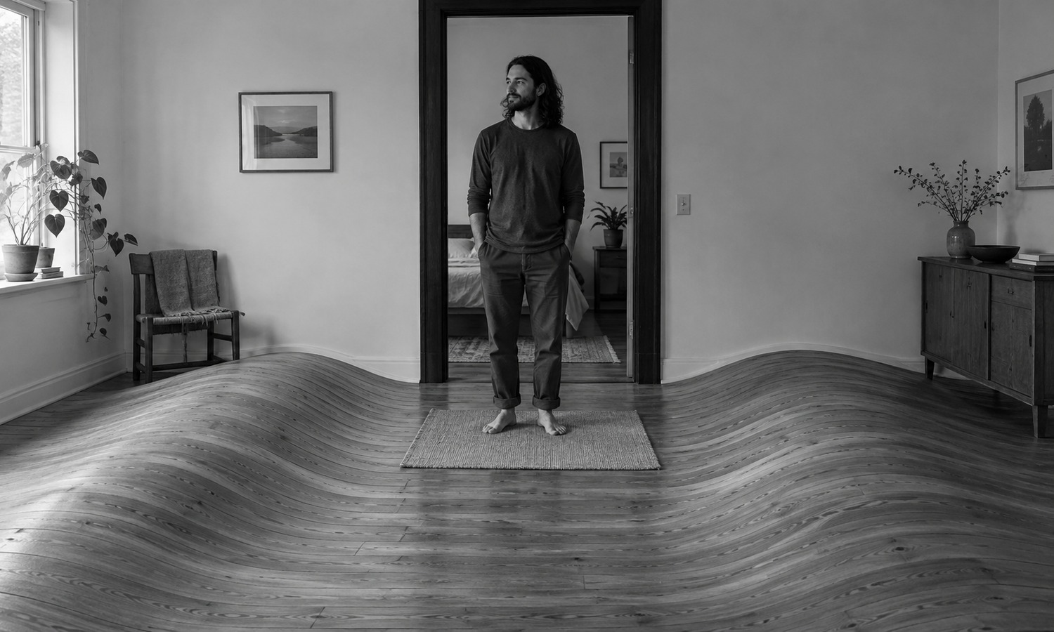 A man stands on a flat rug amid gently wave-shaped floorboards.