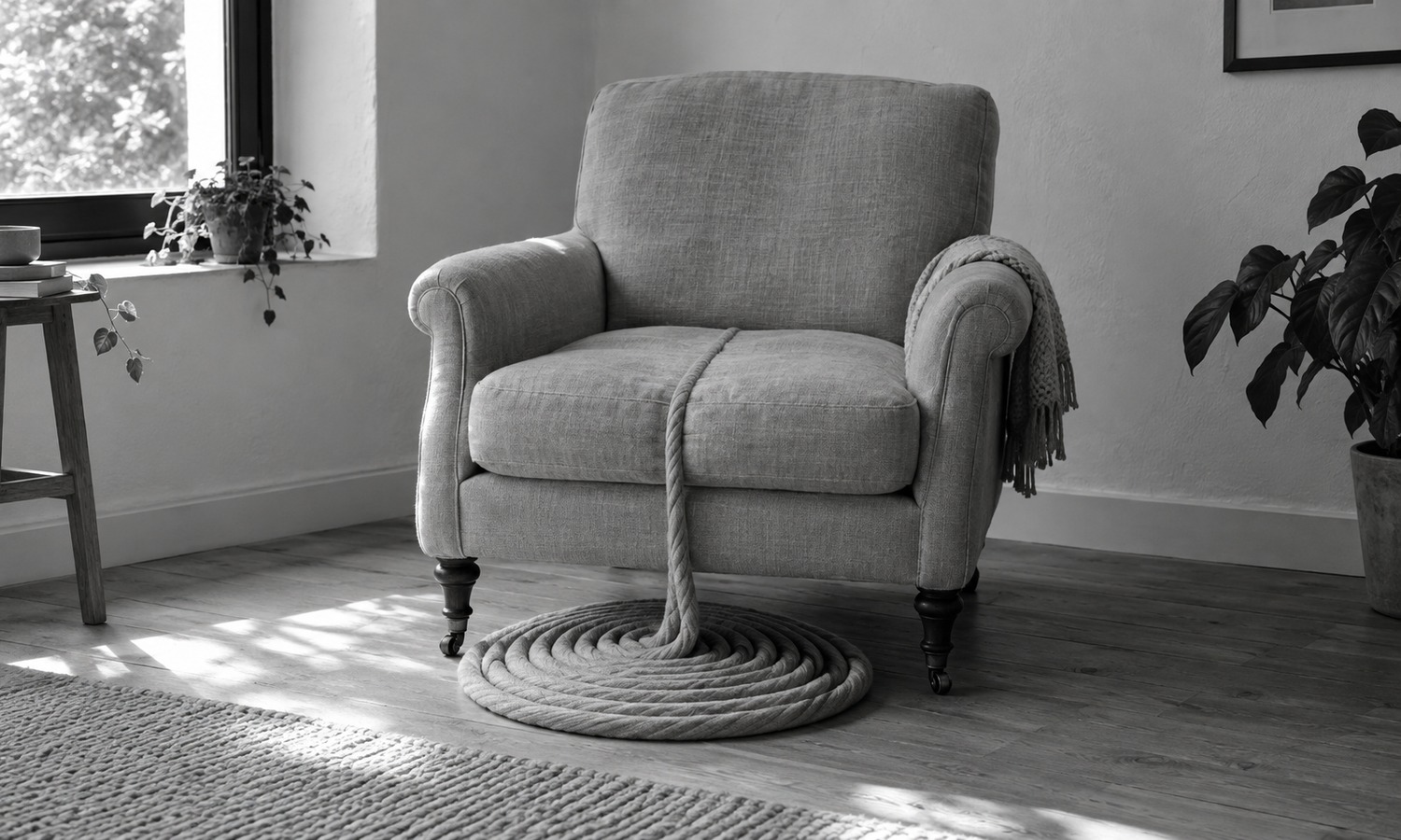 A woven strand extends from an armchair cushion into a coil on the floor.