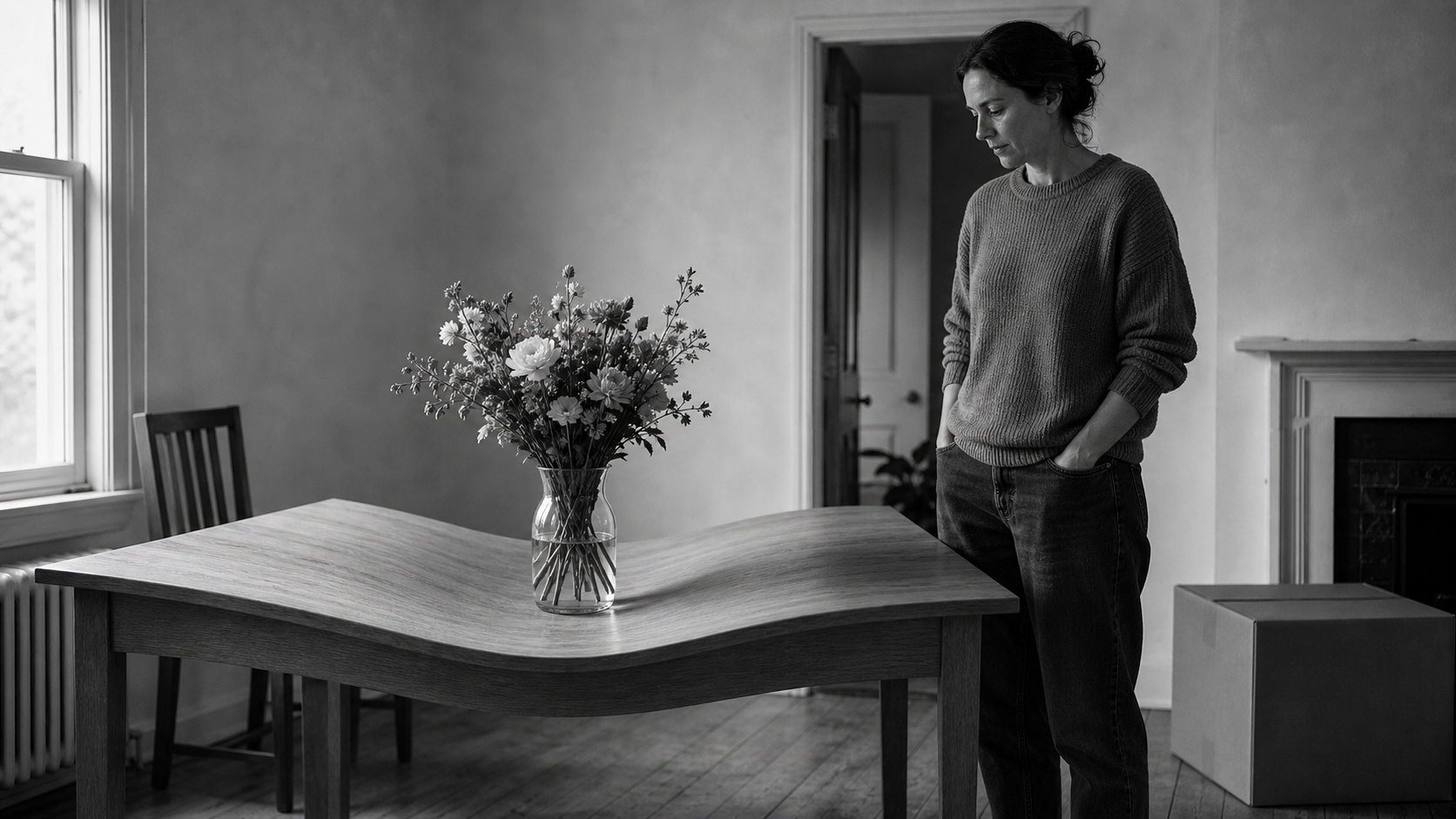 A woman stands in a room she has just moved into, beside a table whose surface folds down at one corner as if not yet set.