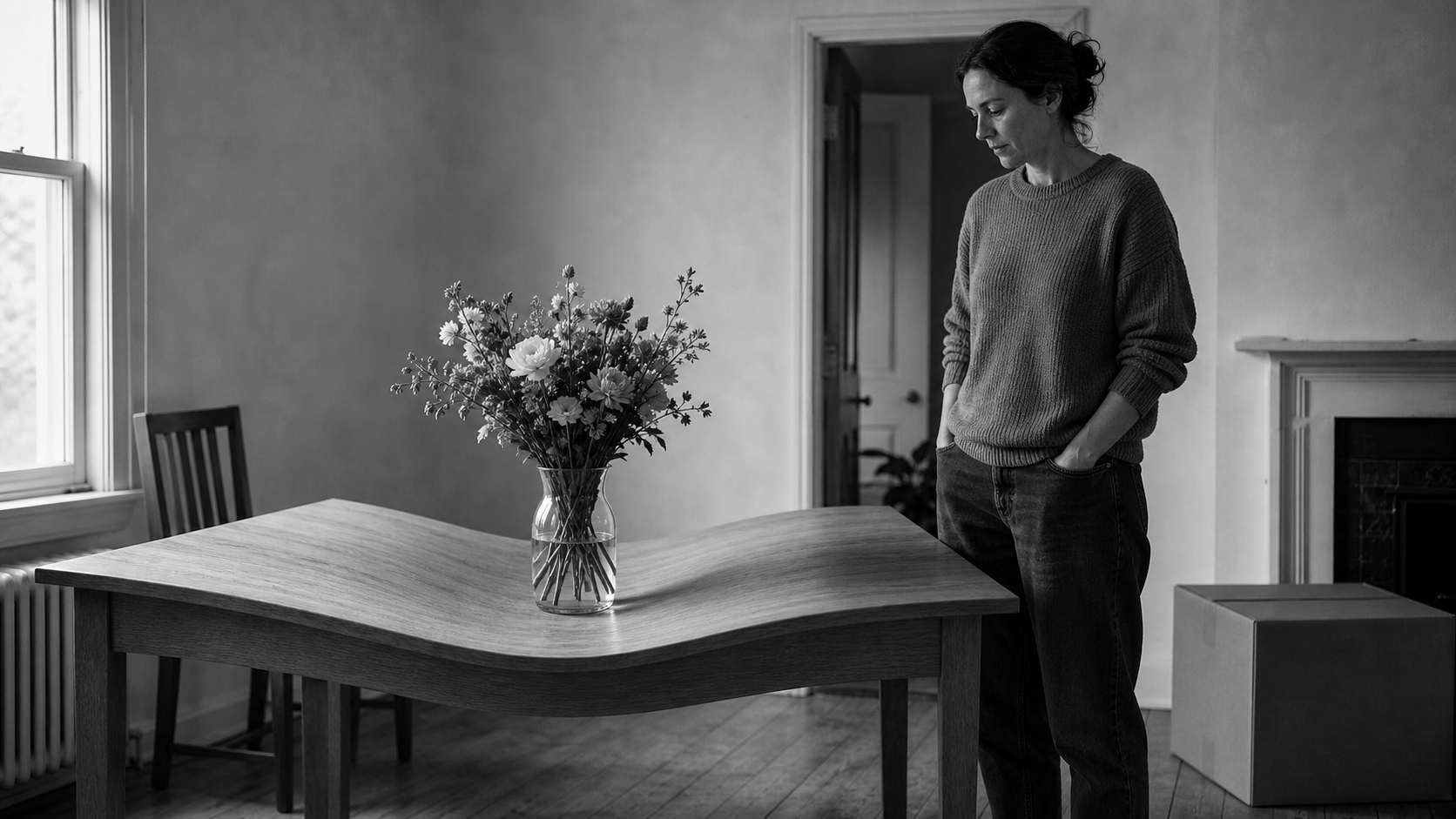 A woman stands in a room she has just moved into, beside a table whose surface folds down at one corner as if not yet set.