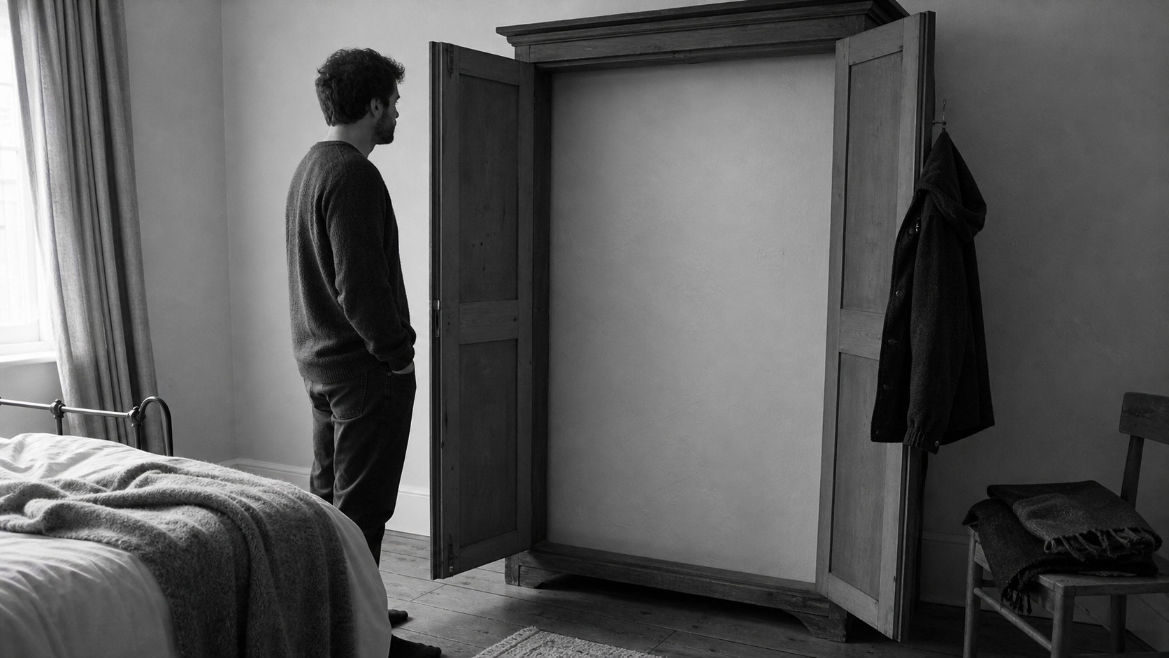 A man stands in a bedroom facing an open wardrobe that has no inside, only a smooth blank panel where the space should be.