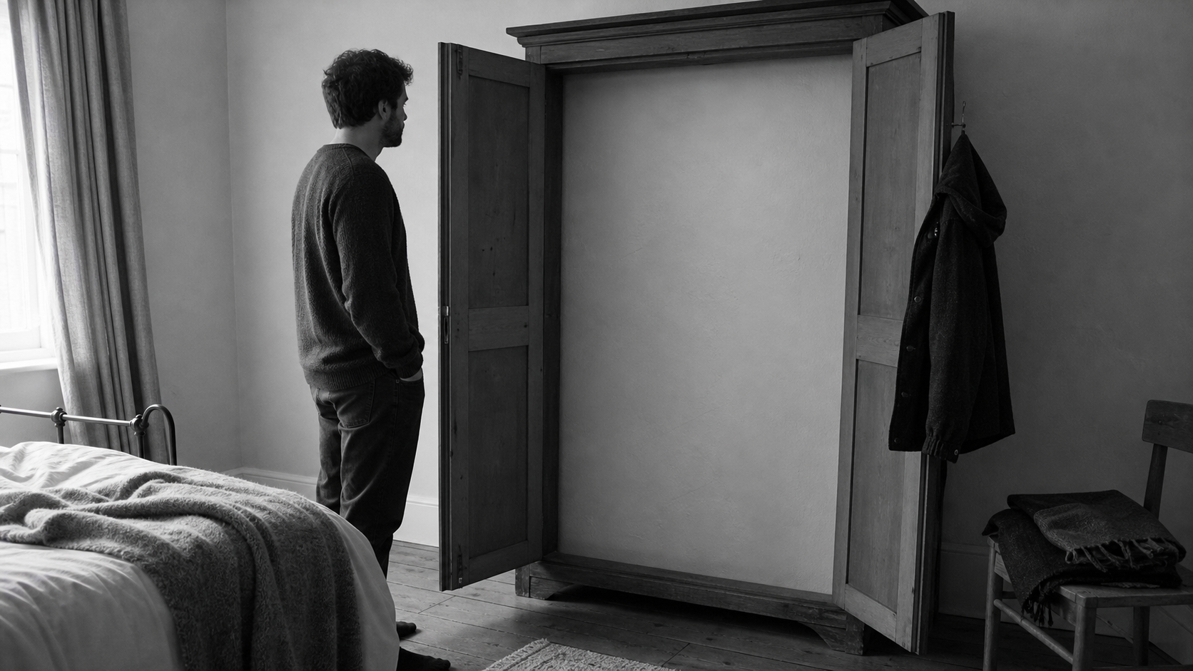A man stands in a bedroom facing an open wardrobe that has no inside, only a smooth blank panel where the space should be.