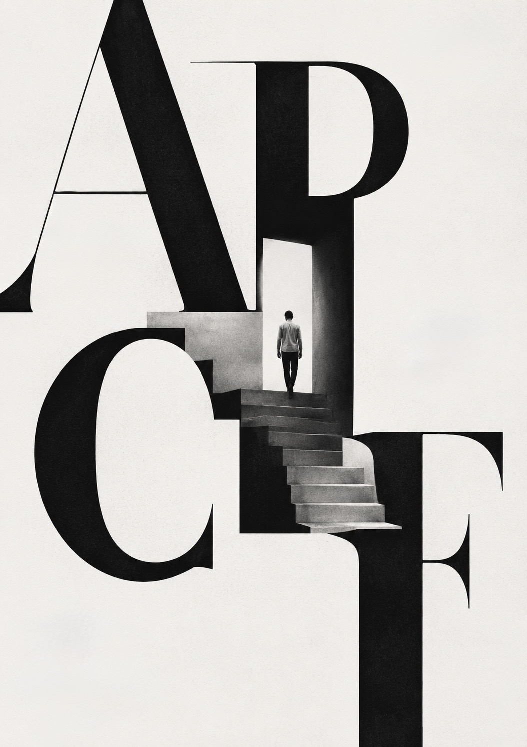 A lone figure climbs a spiral stair toward a doorway of light within a monumental composition of serif letters — climbing out of the version of yourself that whatever ended took with it.