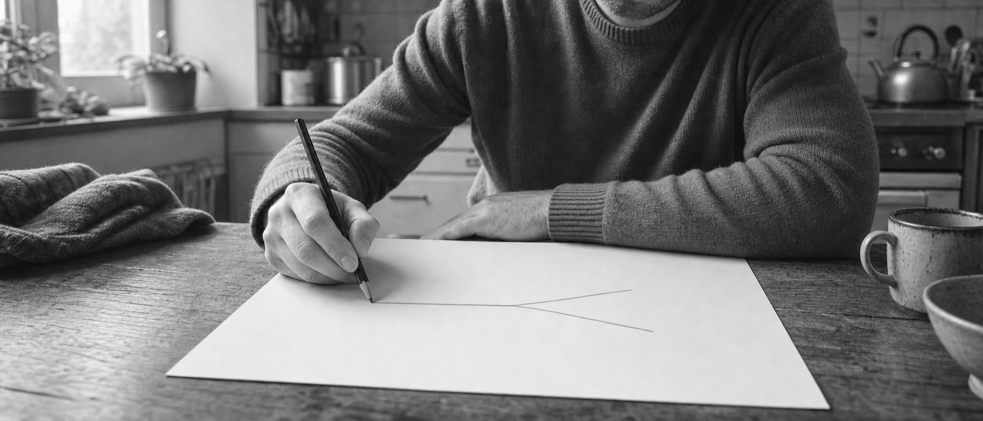 Hands hold a pen above a large sheet of paper marked with a faint broken line that does not join up.