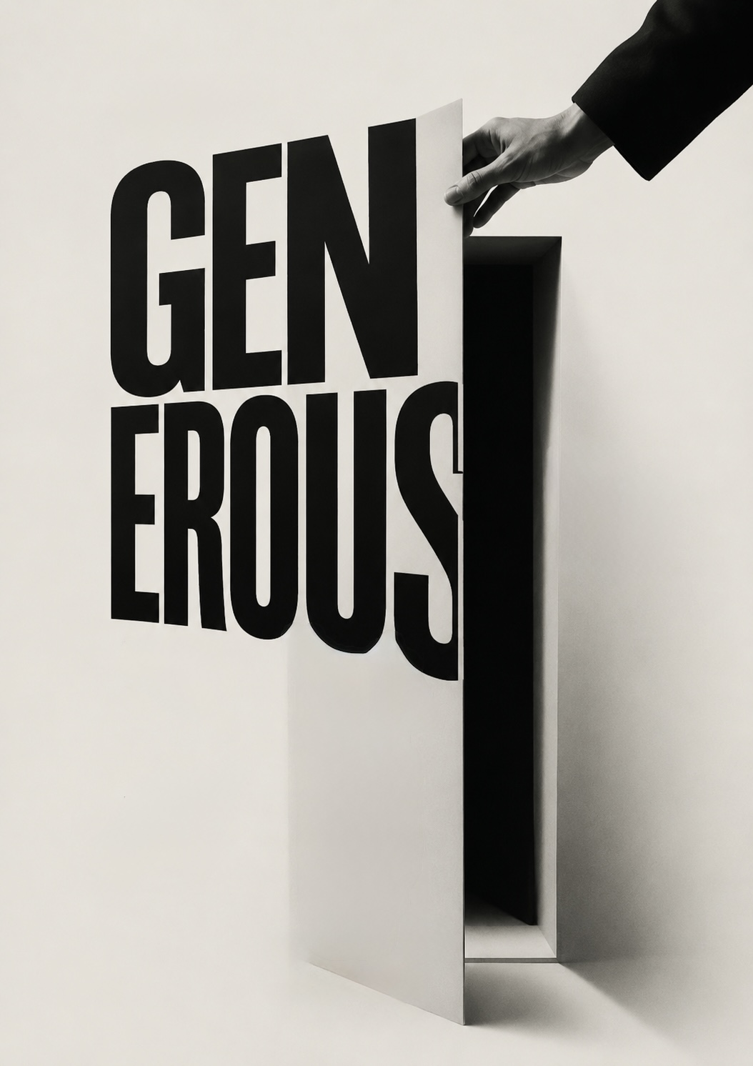 A hand opening the monumental word ‘GENEROUS’ like a door, revealing a dark hollow space behind it — generosity with something concealed underneath.