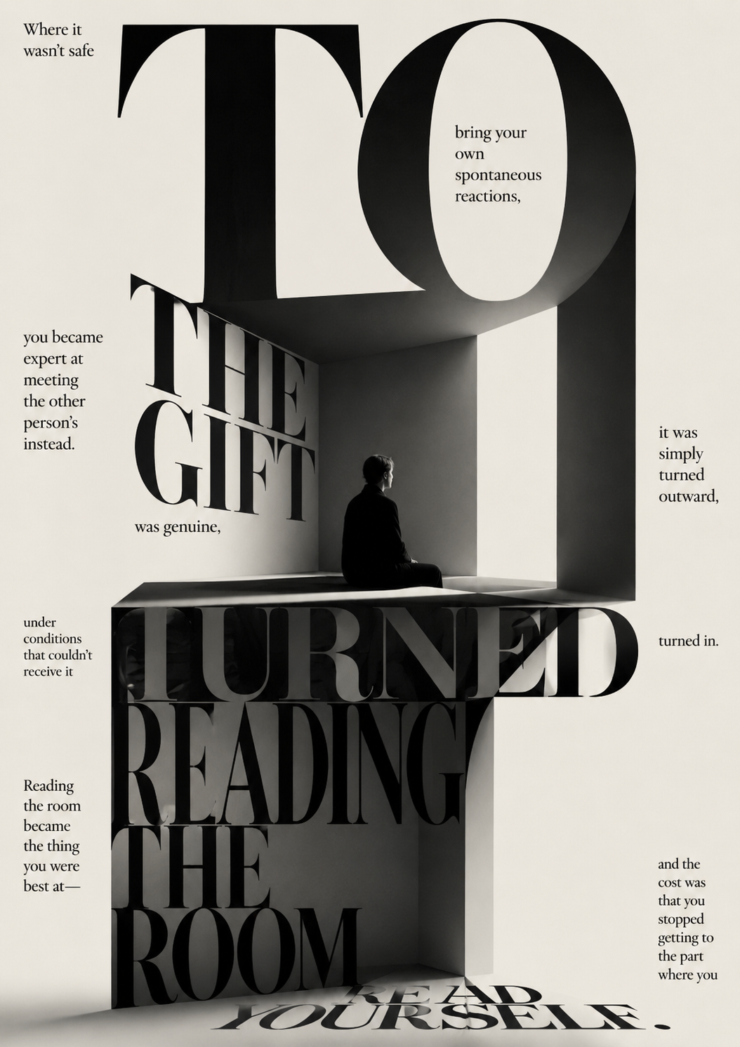 A lone figure sits inside a vast room built from the monumental words ‘TO THE GIFT — TURNED, READING THE ROOM’, with ‘read yourself’ cast small across the floor — a gift turned outward at the cost of reading oneself.