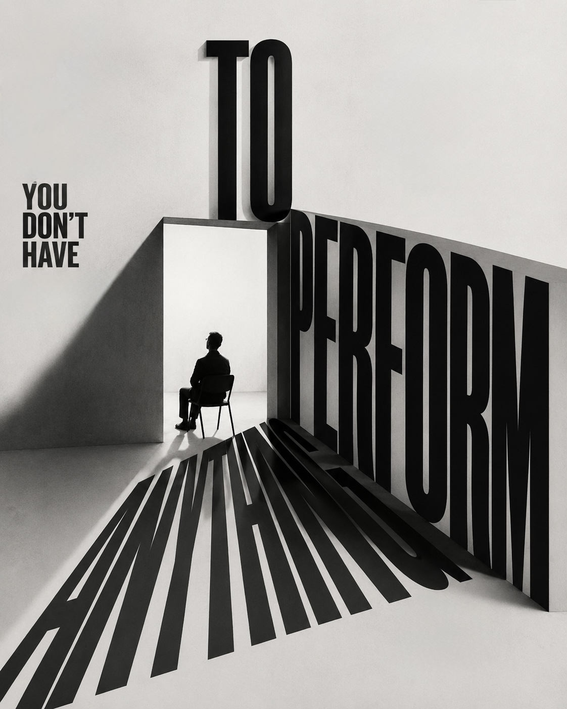A lone figure sits on a chair in a shaft of light within a room of monumental type reading ‘you don’t have TO PERFORM’, its shadow spelling ‘maintain’ across the floor — a space where nothing has to be managed.