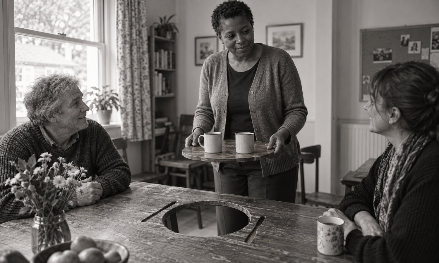 A woman holds a round wooden tray with two mugs above a table with a matching circular opening and narrow cutlery-shaped slots, while two companions sit beside it.