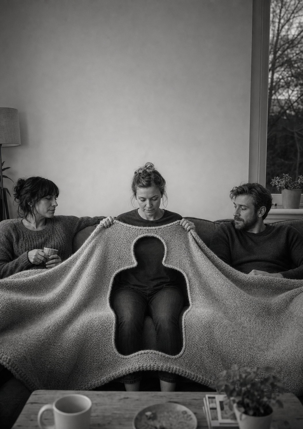Three people sit together on a sofa holding up a blanket; where the fourth person should be there is only a figure-shaped hollow in the weave.