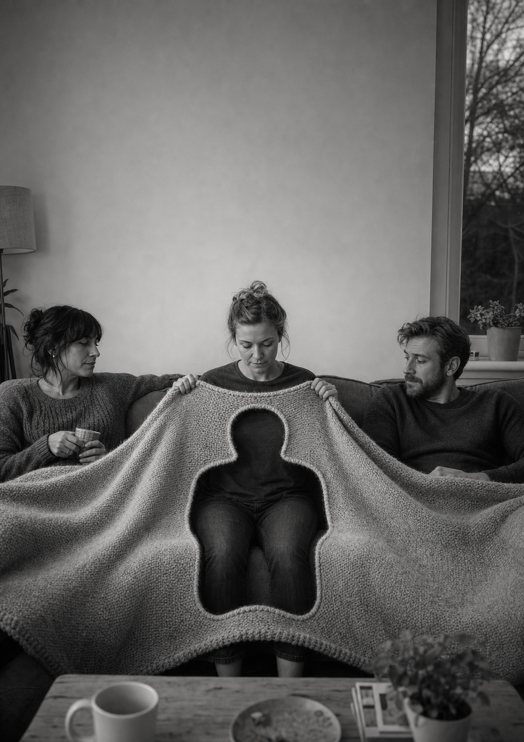Three people sit together on a sofa holding up a blanket; where the fourth person should be there is only a figure-shaped hollow in the weave.