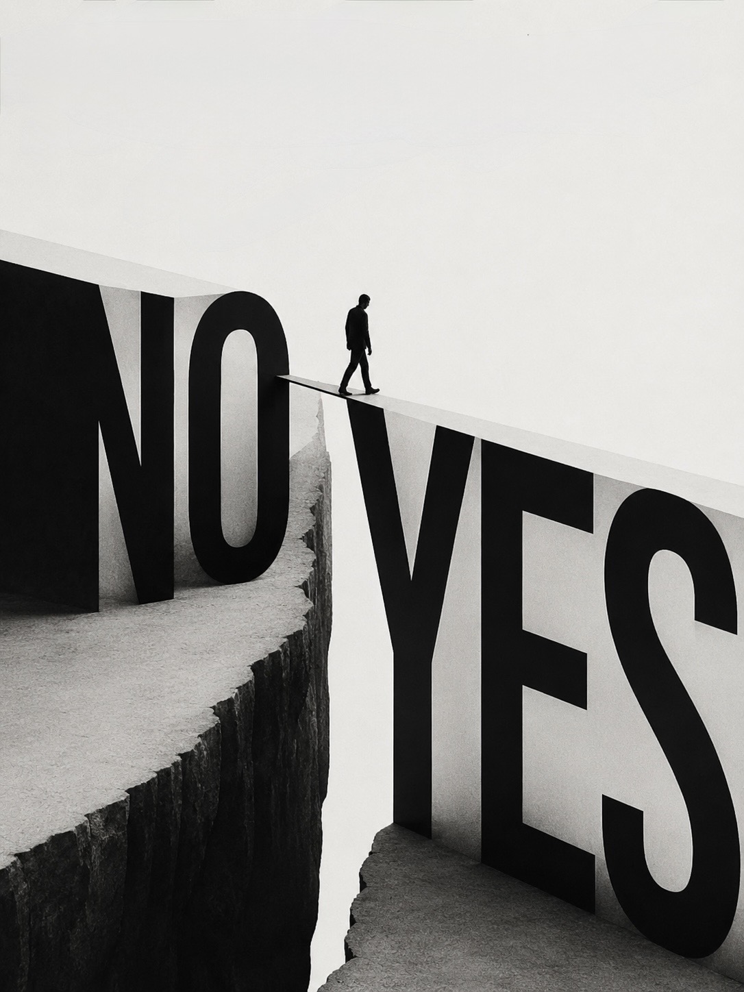 A lone figure crosses a narrow bridge of rock spanning the chasm between the monumental words ‘NO’ and ‘YES’ — the place where the yes is already moving, past the reach of saying no.
