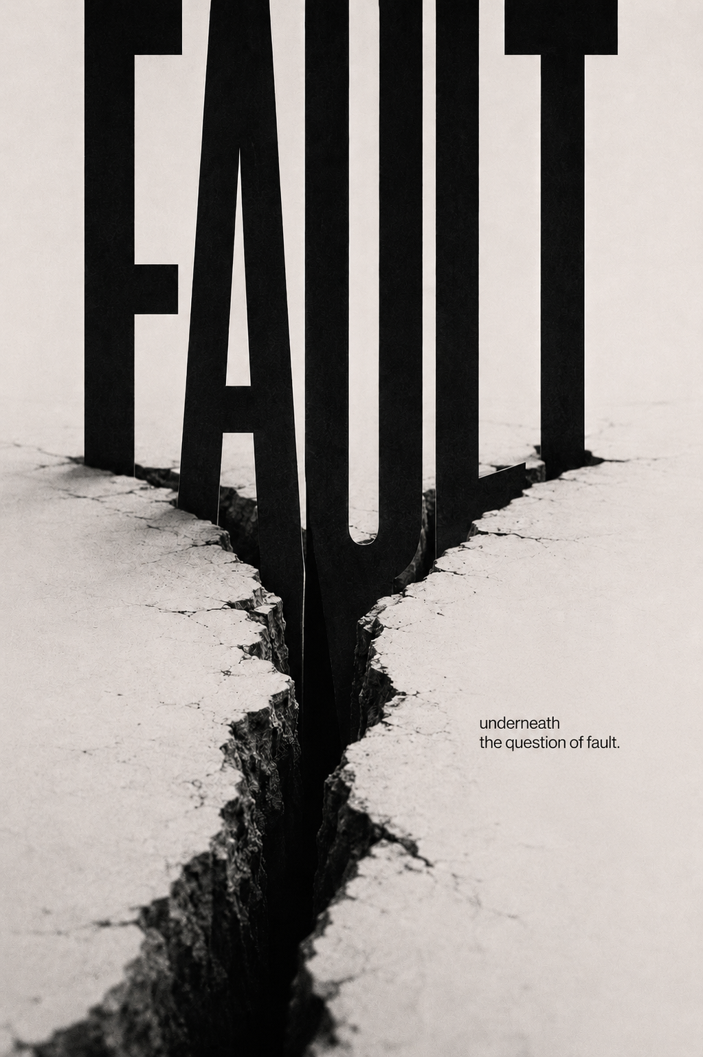 The giant word ‘FAULT’ standing in a crack splitting dry ground, beside the line ‘underneath the question of fault.’