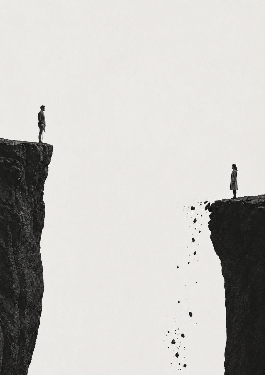 Two figures stand on opposite clifftops separated by a deep chasm, the near edge of one crumbling away into the void — a closeness that now feels like reaching across a distance that keeps widening.