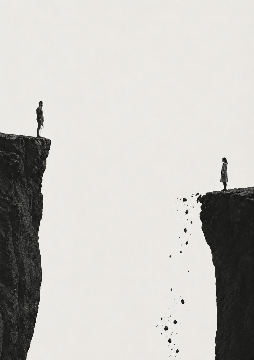 Two figures stand on opposite clifftops separated by a deep chasm, the near edge of one crumbling away into the void — a closeness that now feels like reaching across a distance that keeps widening.