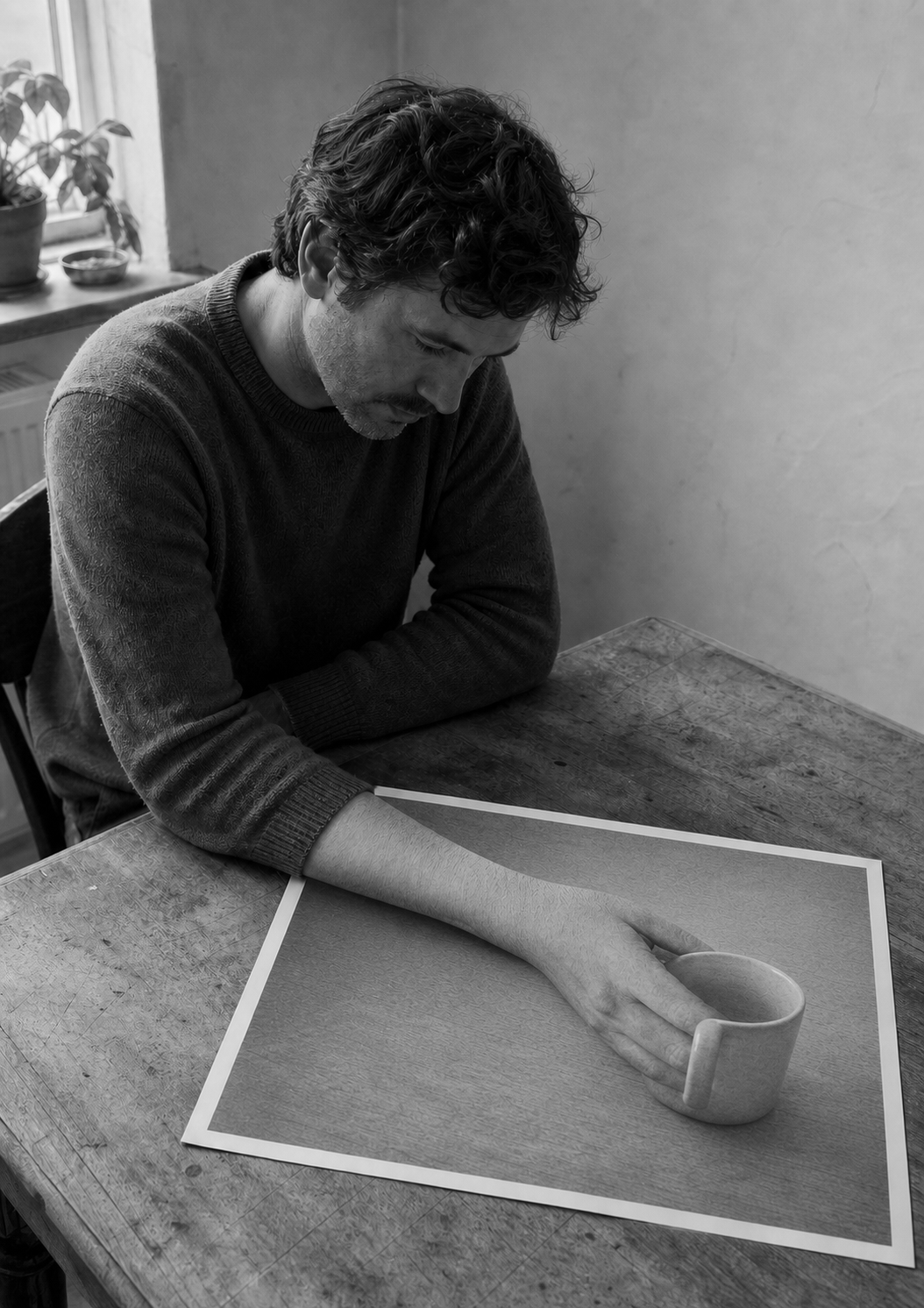 A man sits at a table with his hand on a mug, both placed exactly inside a taped rectangle marked on the wood.