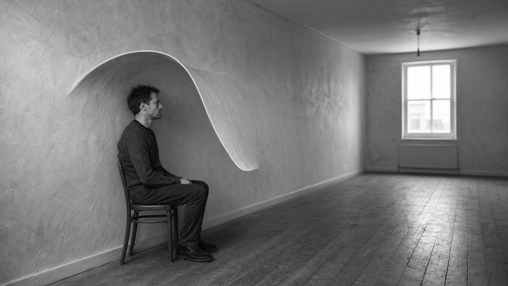 A man sits alone on a chair against the wall of an empty room, where the wall above him curls forward into a canopy over his head.