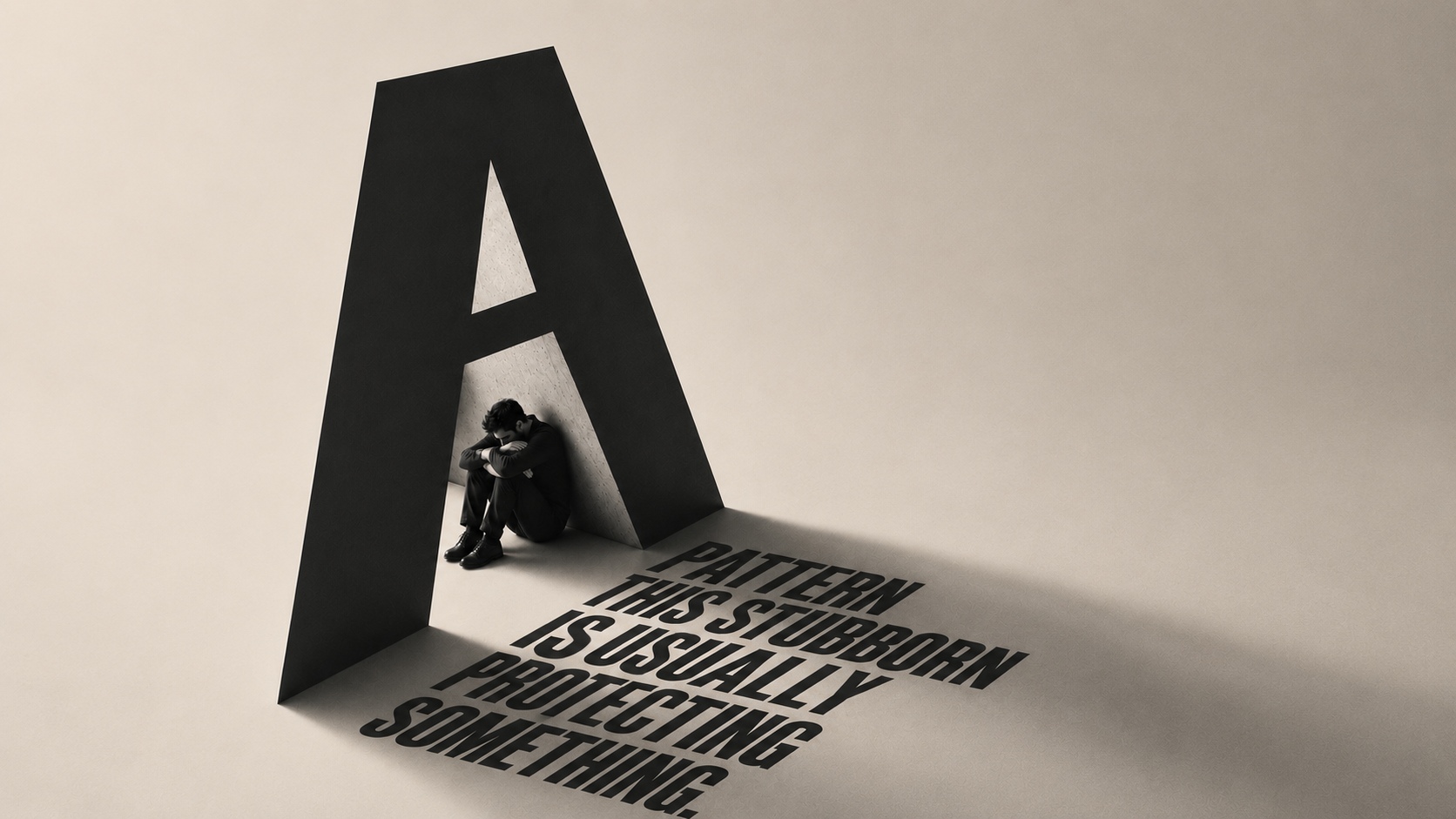 A figure sitting sheltered in the hollow of a giant letter ‘A’, its shadow spelling ‘A pattern this stubborn is usually protecting something.’