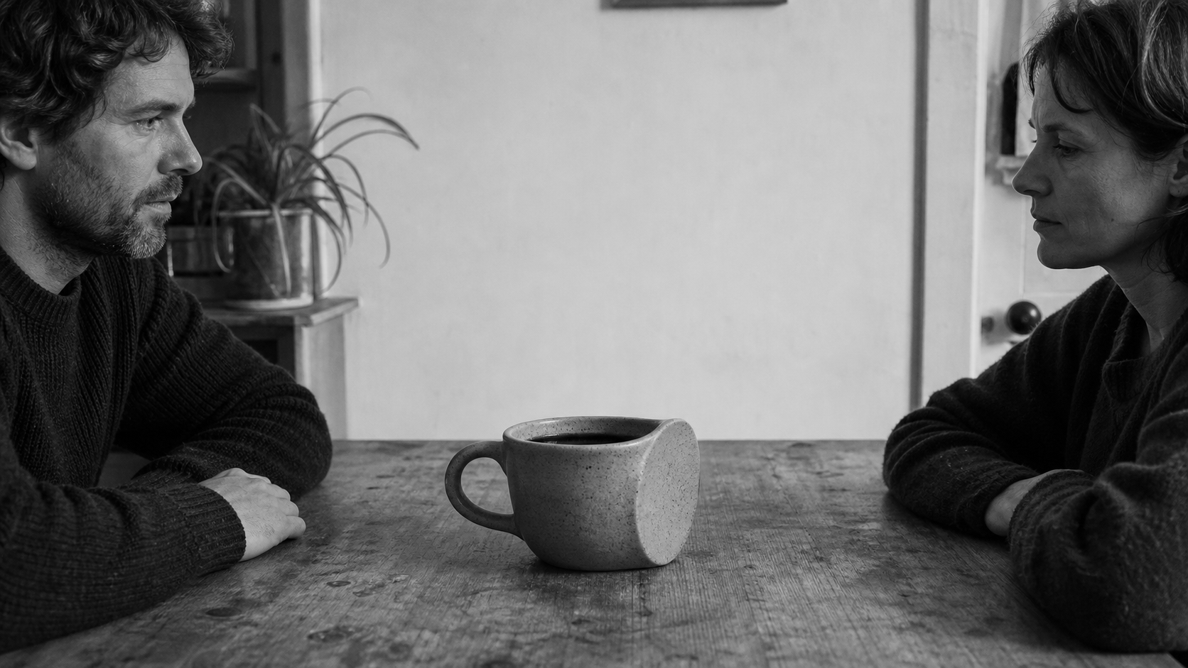 A man and a woman sit at either end of a table looking away from each other, a single mug between them with two handles.