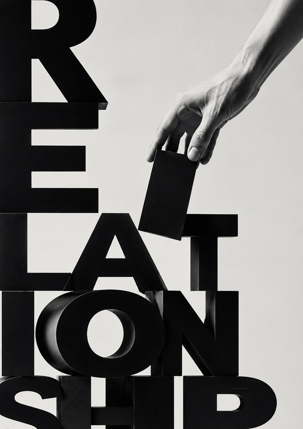 A hand lifting one letter-block out of a toppling stack that spells RELATIONSHIP — slowing the pattern down enough to see what each move is protecting.