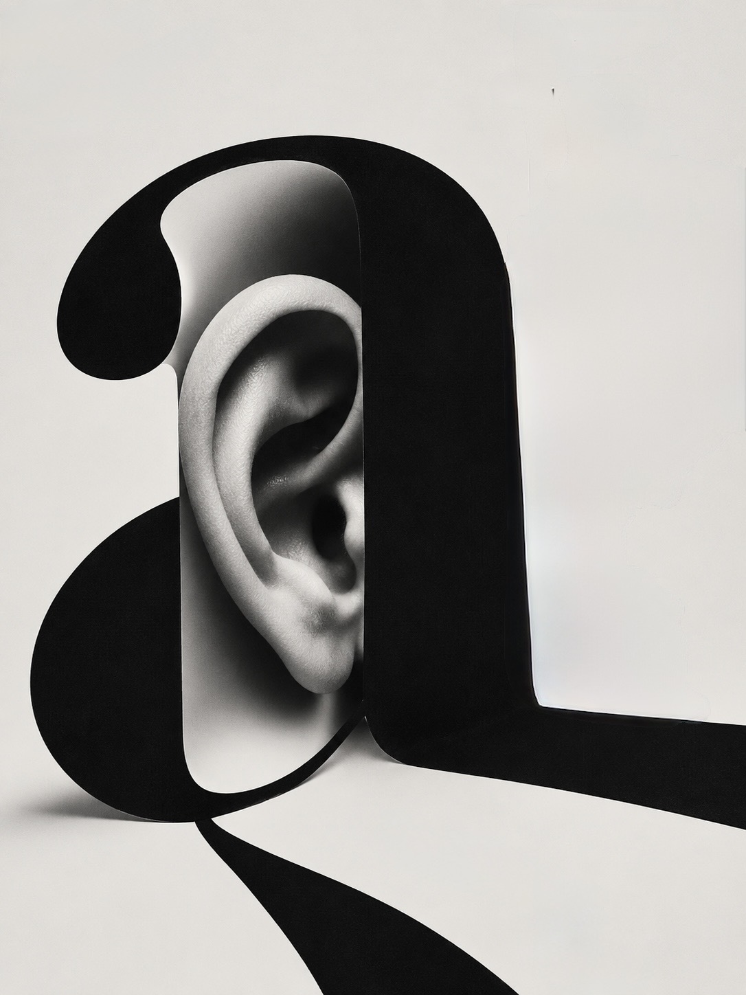 A human ear nested inside the aperture of a monumental serif letter ‘a’ — turning toward the voice itself and hearing it as a voice rather than the last word.