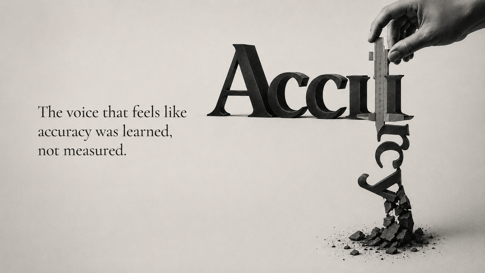 A caliper crumbling the word ‘Accuracy’ as it measures it, beside the line ‘The voice that feels like accuracy was learned, not measured.’
