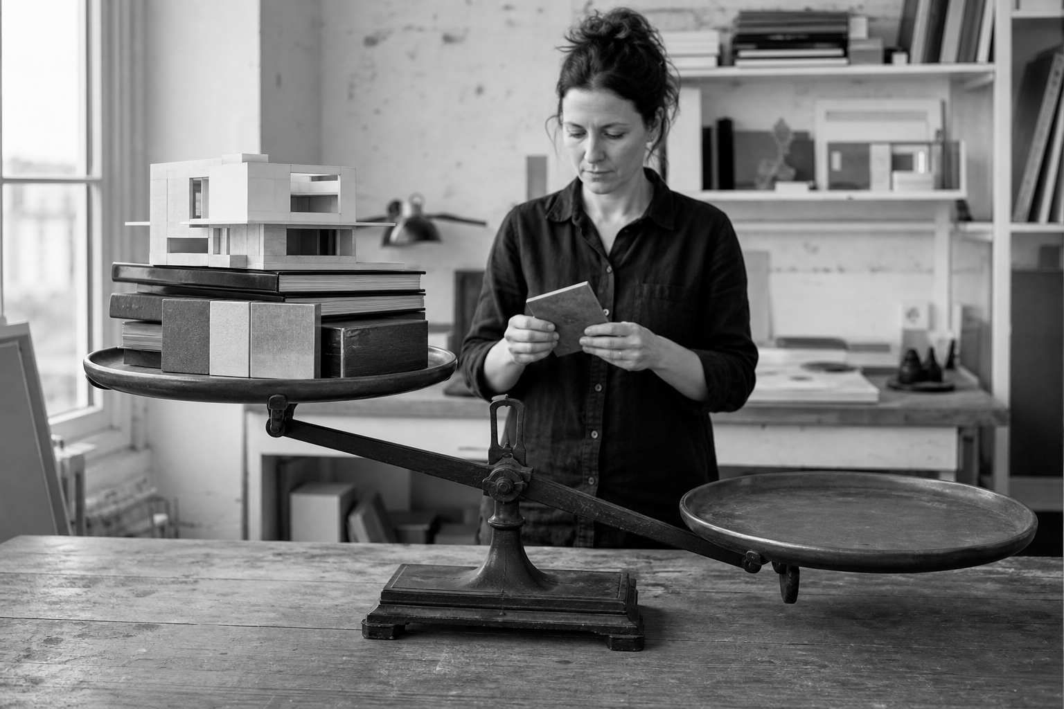 A woman reads a card beside a balance scale where a tall stack of blocks and books sits on one pan and the other pan stays level.
