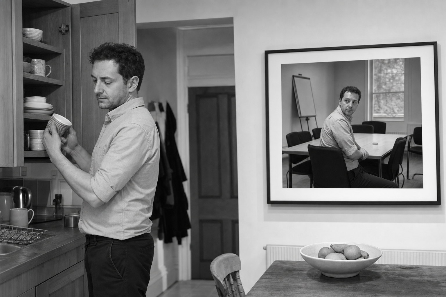 A man stands in his kitchen holding a mug, while on the wall behind him a framed photograph shows him seated in an interview room.