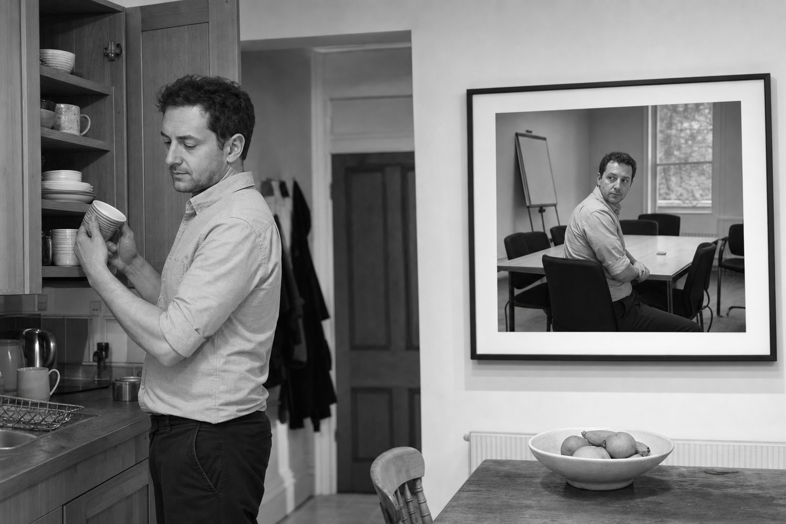 A man stands in his kitchen holding a mug, while on the wall behind him a framed photograph shows him seated in an interview room.