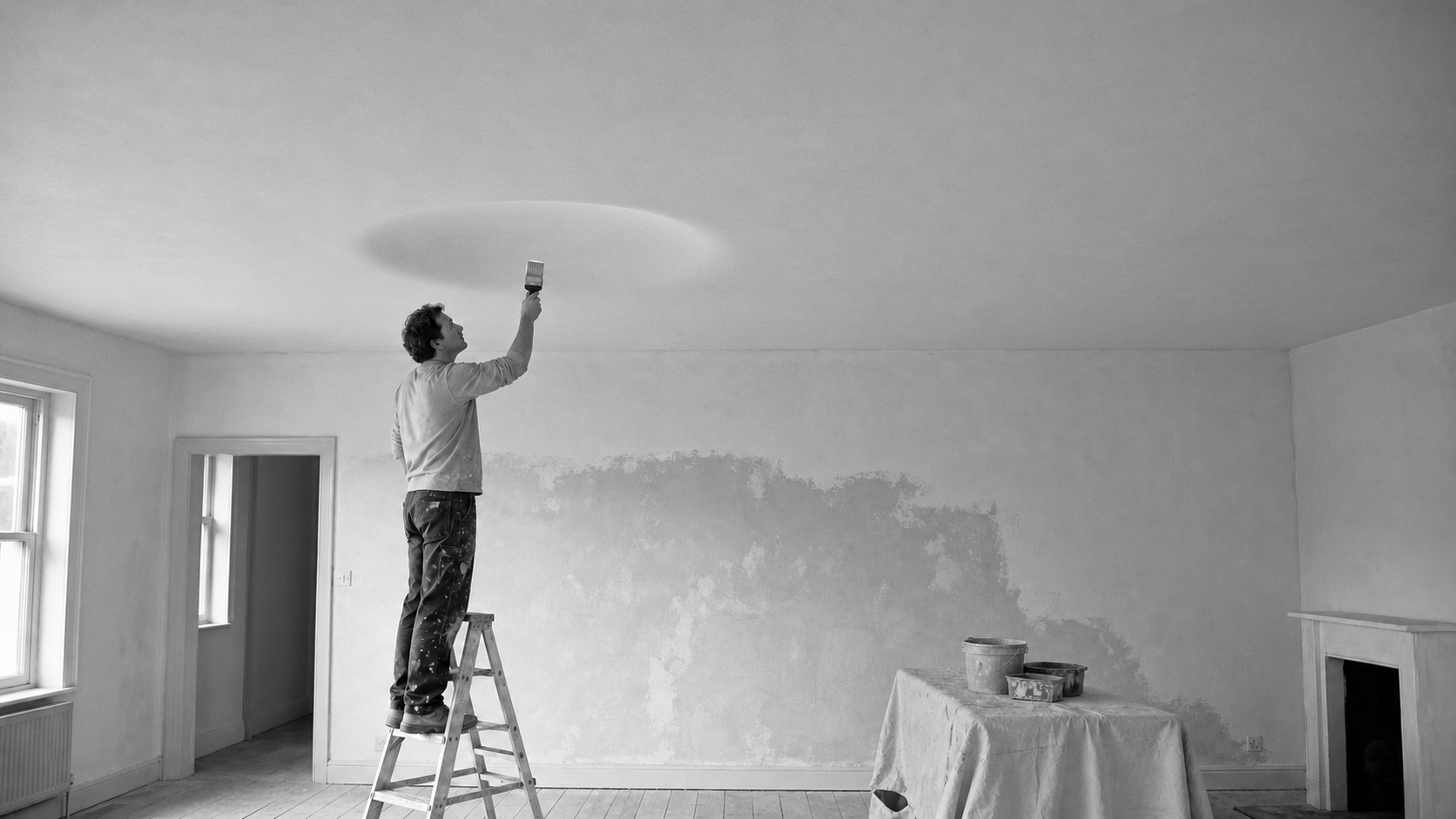 A man on a stepladder paints a ceiling that recedes upward away from his roller as he reaches.