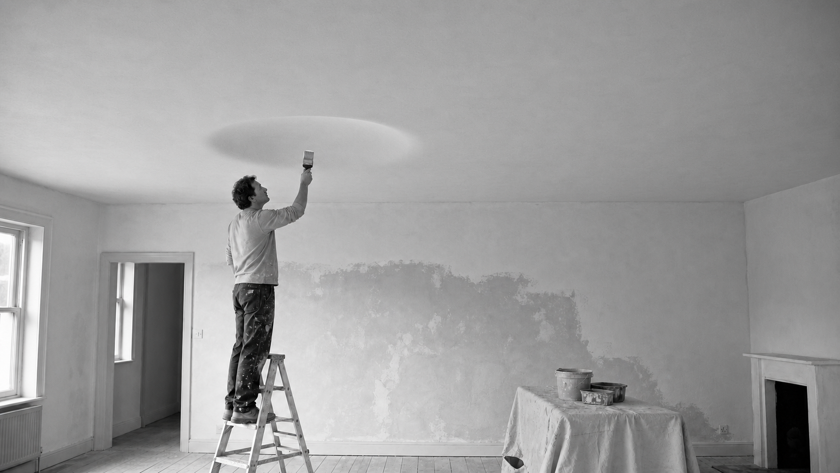 A man on a stepladder paints a ceiling that recedes upward away from his roller as he reaches.