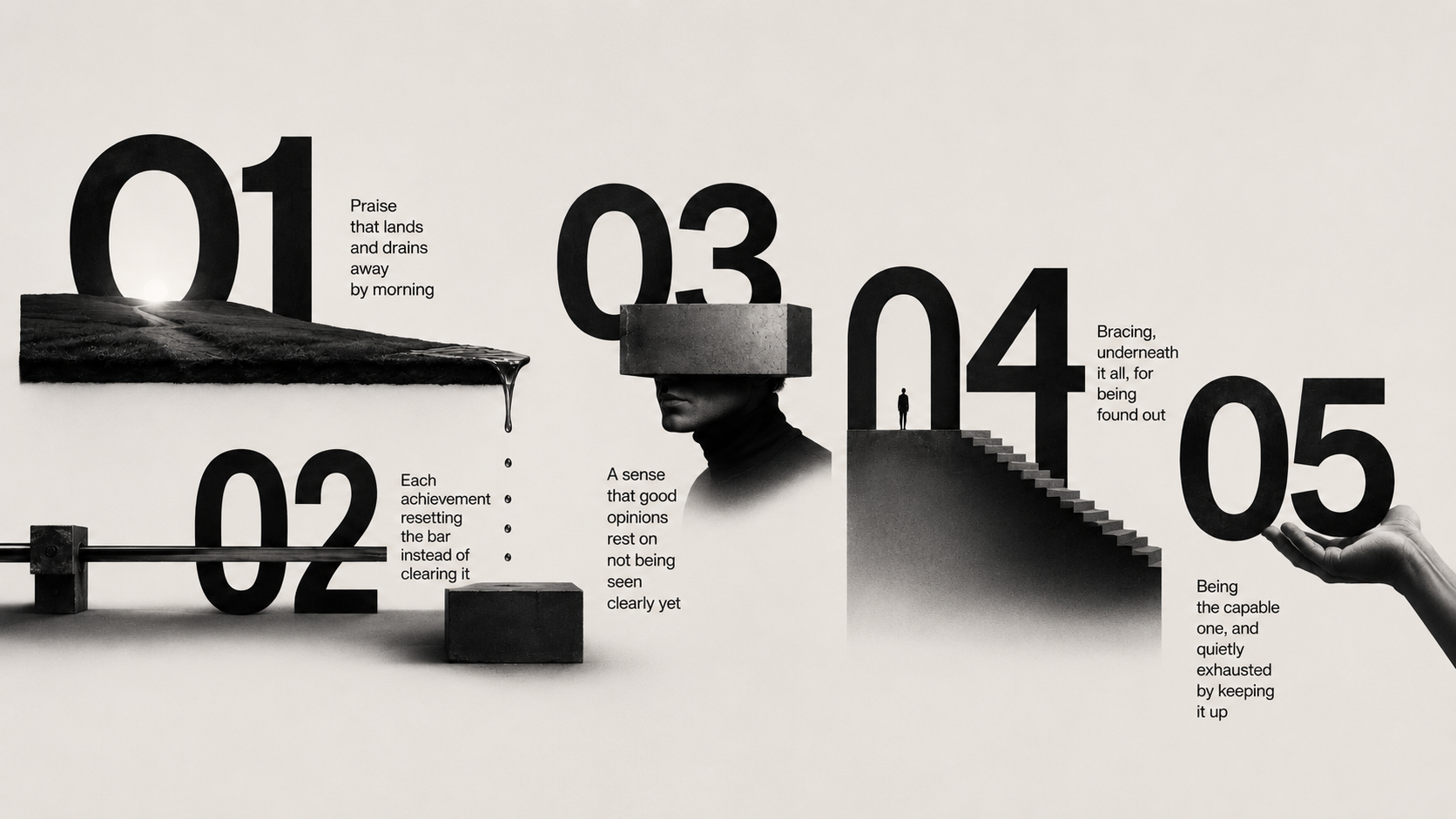 Five common experiences of low self-worth, numbered 01–05: praise that lands and drains away by morning; each achievement resetting the bar instead of clearing it; a sense that good opinions rest on not being seen clearly yet; bracing, underneath it all, for being found out; being the capable one, and quietly exhausted by keeping it up.