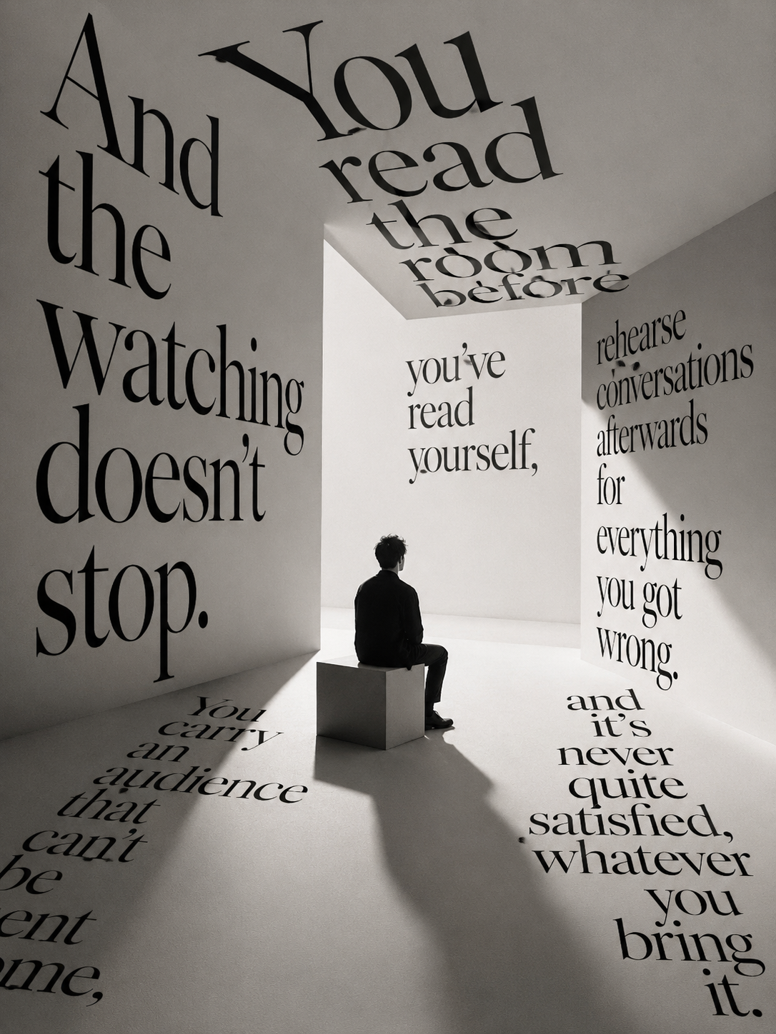 A lone figure sits on a plinth in a bright room whose walls and floor are covered in monumental type reading ‘And the watching doesn’t stop — you read the room before you’ve read yourself, rehearse conversations afterwards for everything you got wrong; you carry an audience that can’t be sent home’.