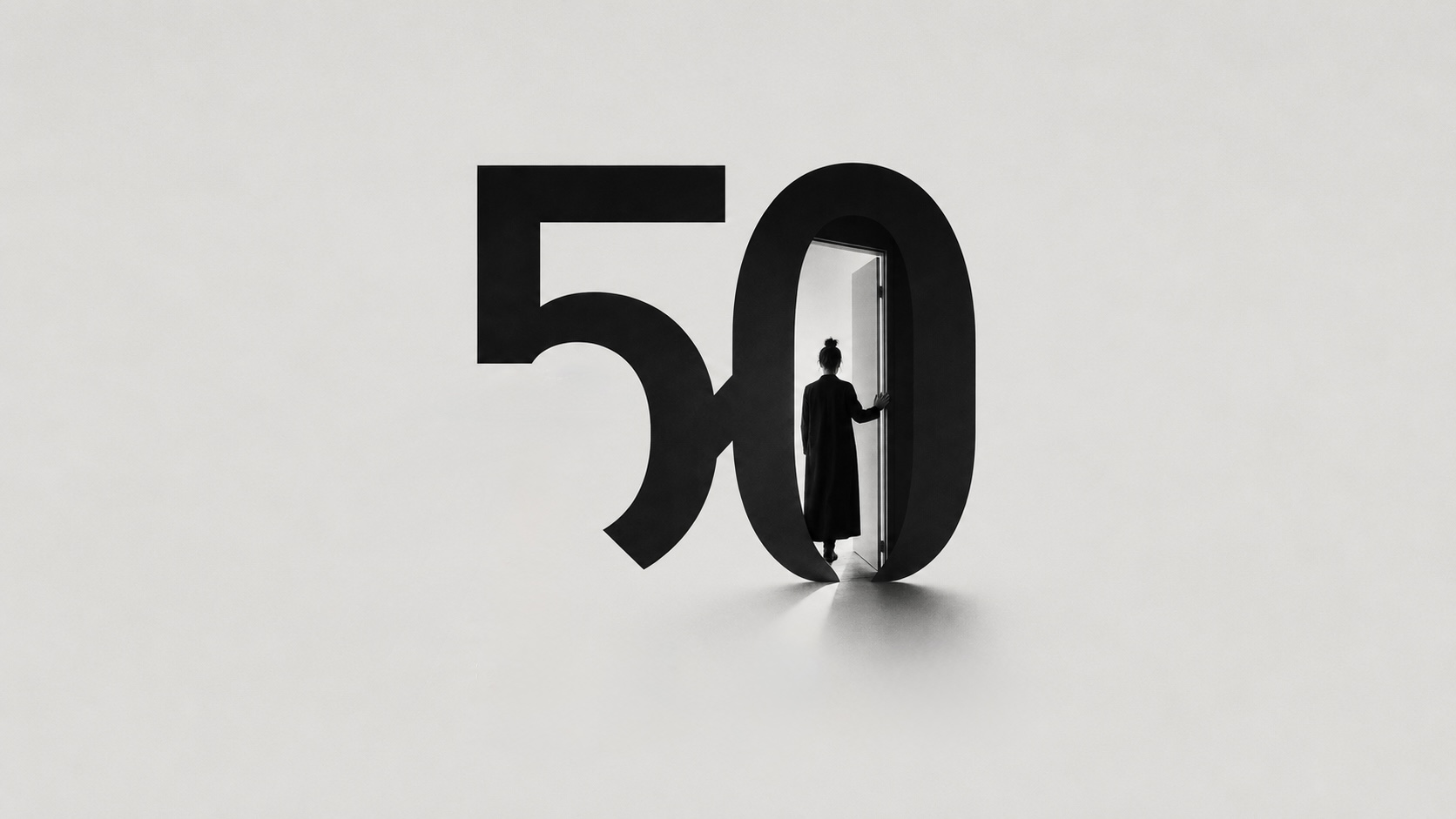 A giant number fifty forming a doorway; a figure in a long coat stands in the lit opening, holding the door.
