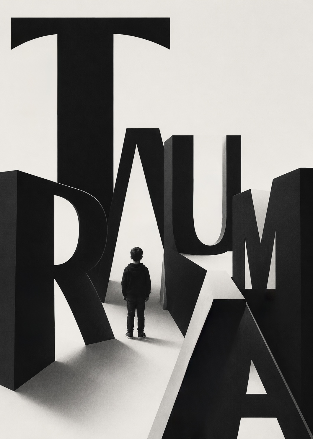 A small child stands alone amid the monumental toppled letters of the word TRAUMA — trauma is not always the thing people expect it to be.