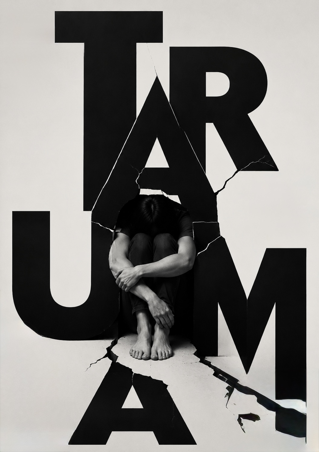 A figure sits curled inside the cracked, broken letters of the word TRAUMA — what could not be metabolised then does not simply fade; it stays, held in the body.