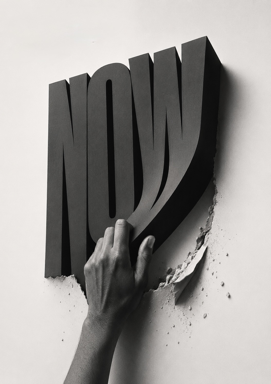 A hand peels back the plaster of a wall to reveal the monumental word NOW beneath — the aim is to loosen the grip of the past on the present, so that more of your life belongs to now.