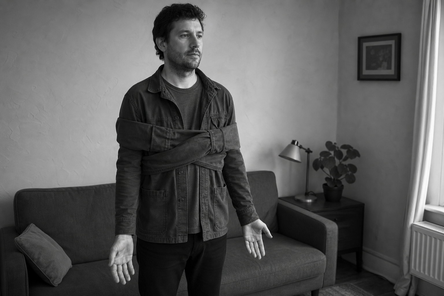 A man stands in a comfortable sitting room with his arm strapped across his chest in a sling made from his own jacket.
