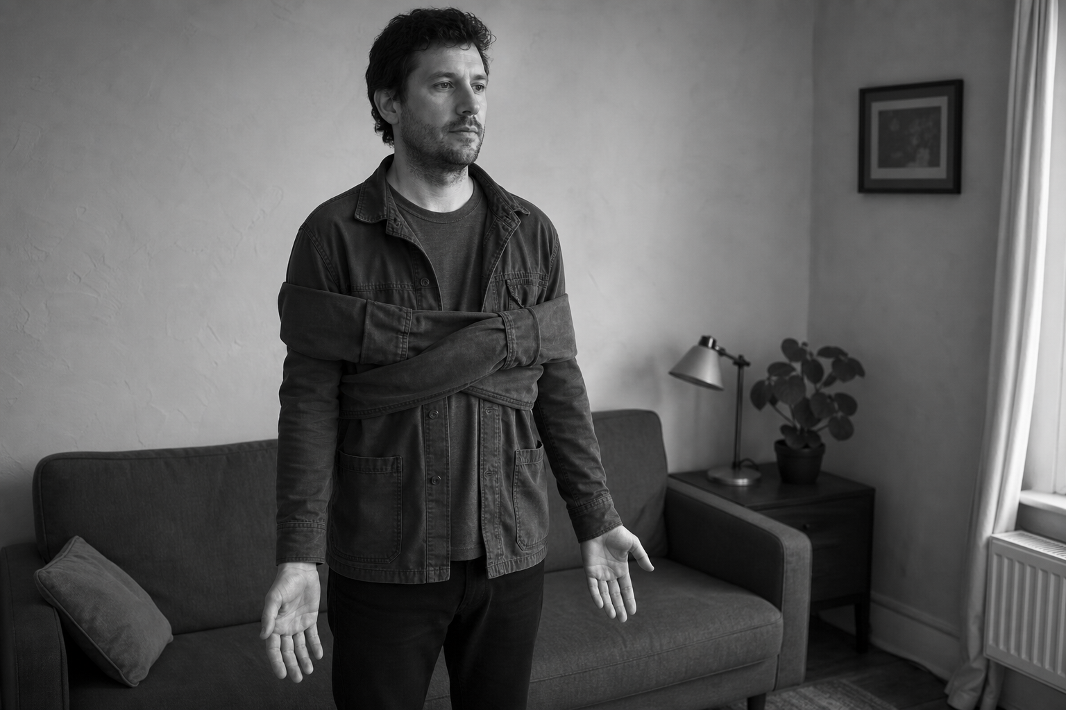 A man stands in a comfortable sitting room with his arm strapped across his chest in a sling made from his own jacket.