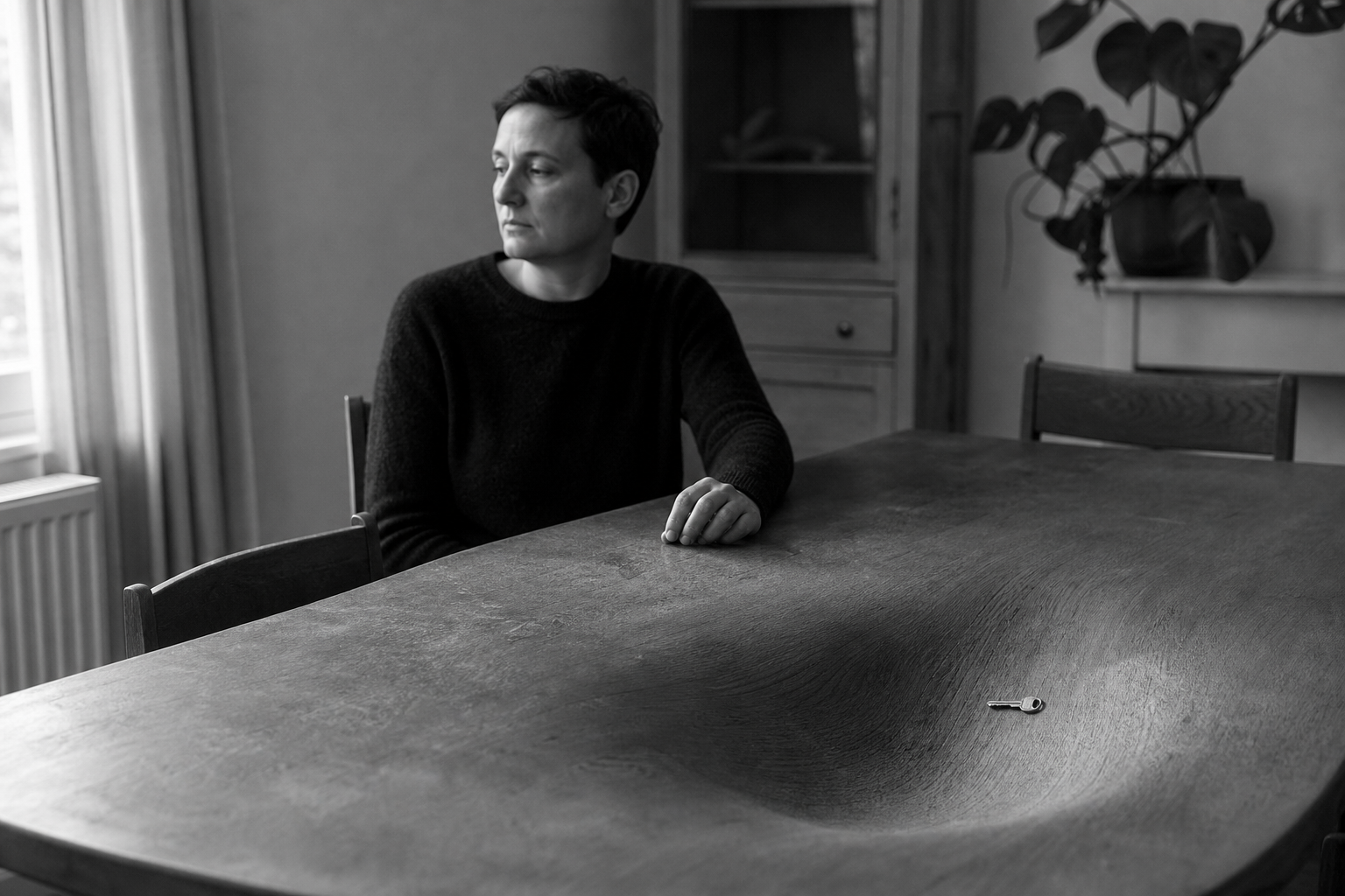 A man sits at a dining table whose surface has risen into a smooth mound in front of him, dwarfing the small object resting on it.