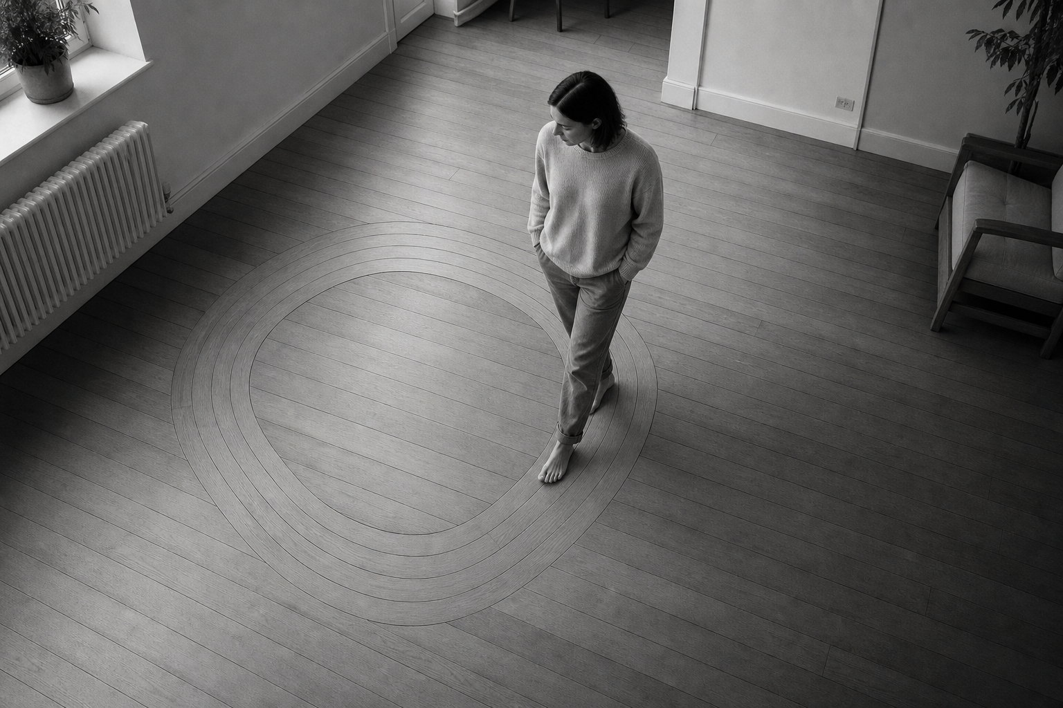 A woman walks barefoot across a wooden floor worn into a circular track that returns to where she began.