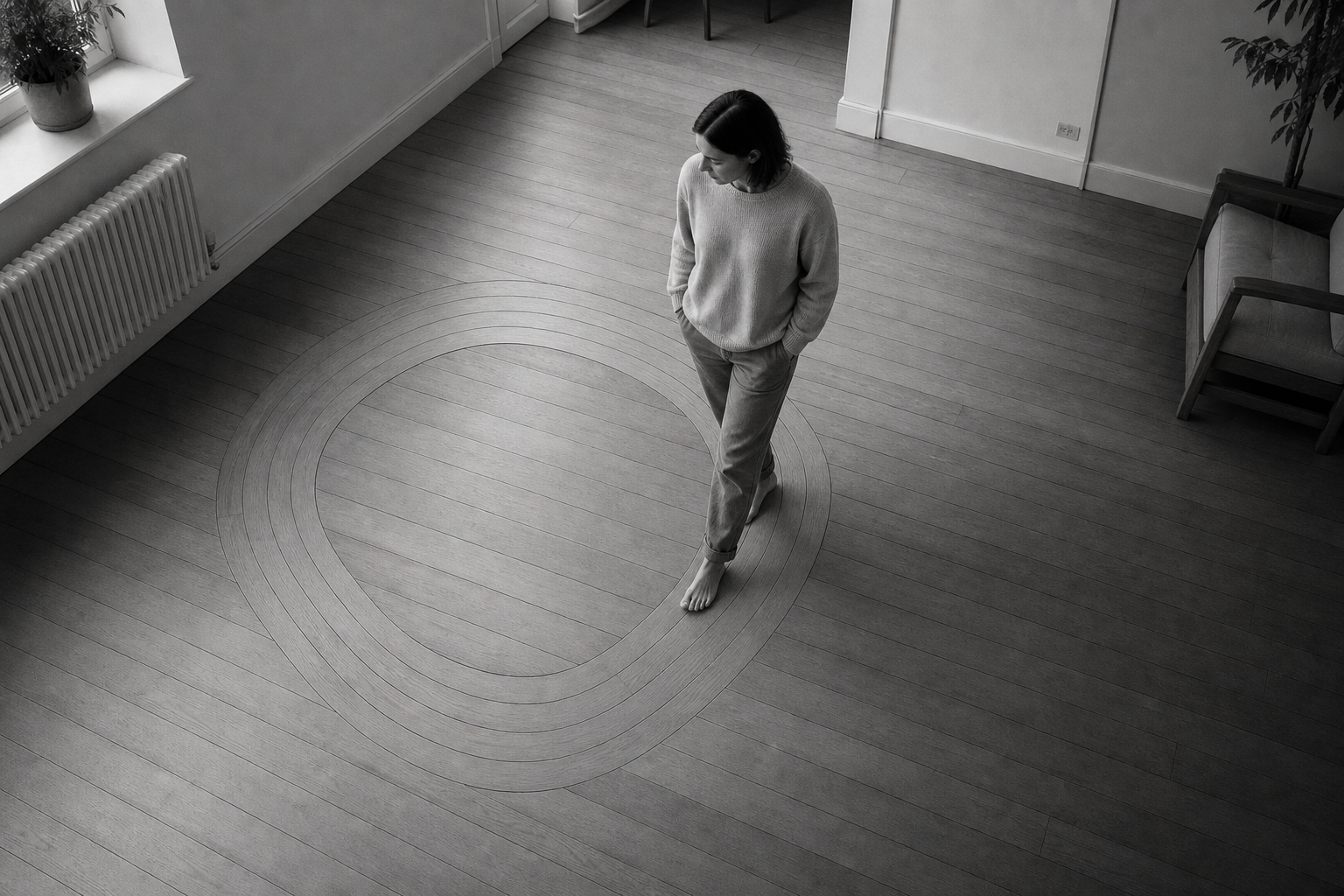 A woman walks barefoot across a wooden floor worn into a circular track that returns to where she began.