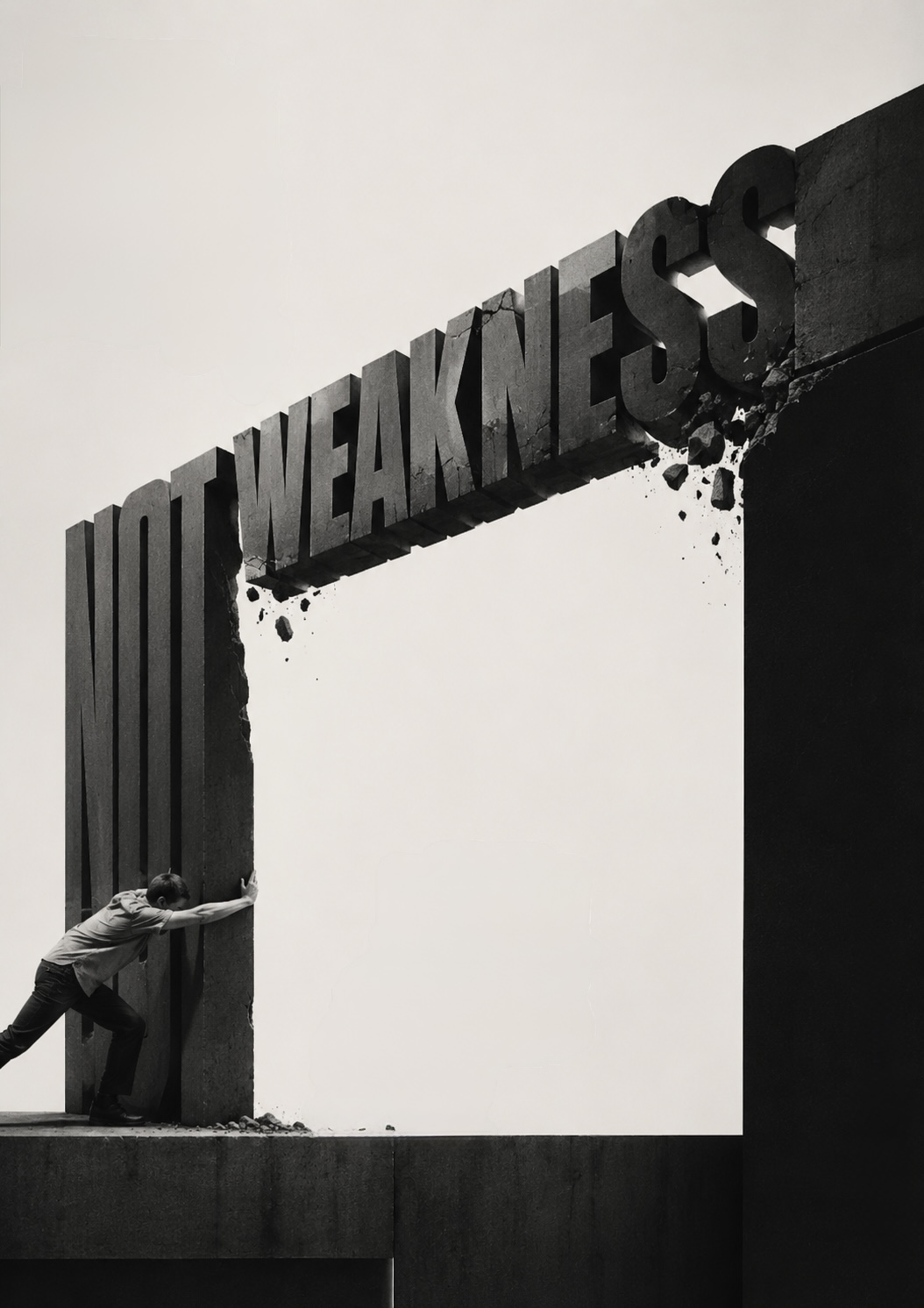 A person braces their whole body to hold up the monumental words NOT WEAKNESS as the letters crack and crumble at one end — none of this is weakness, and none of it is your fault.