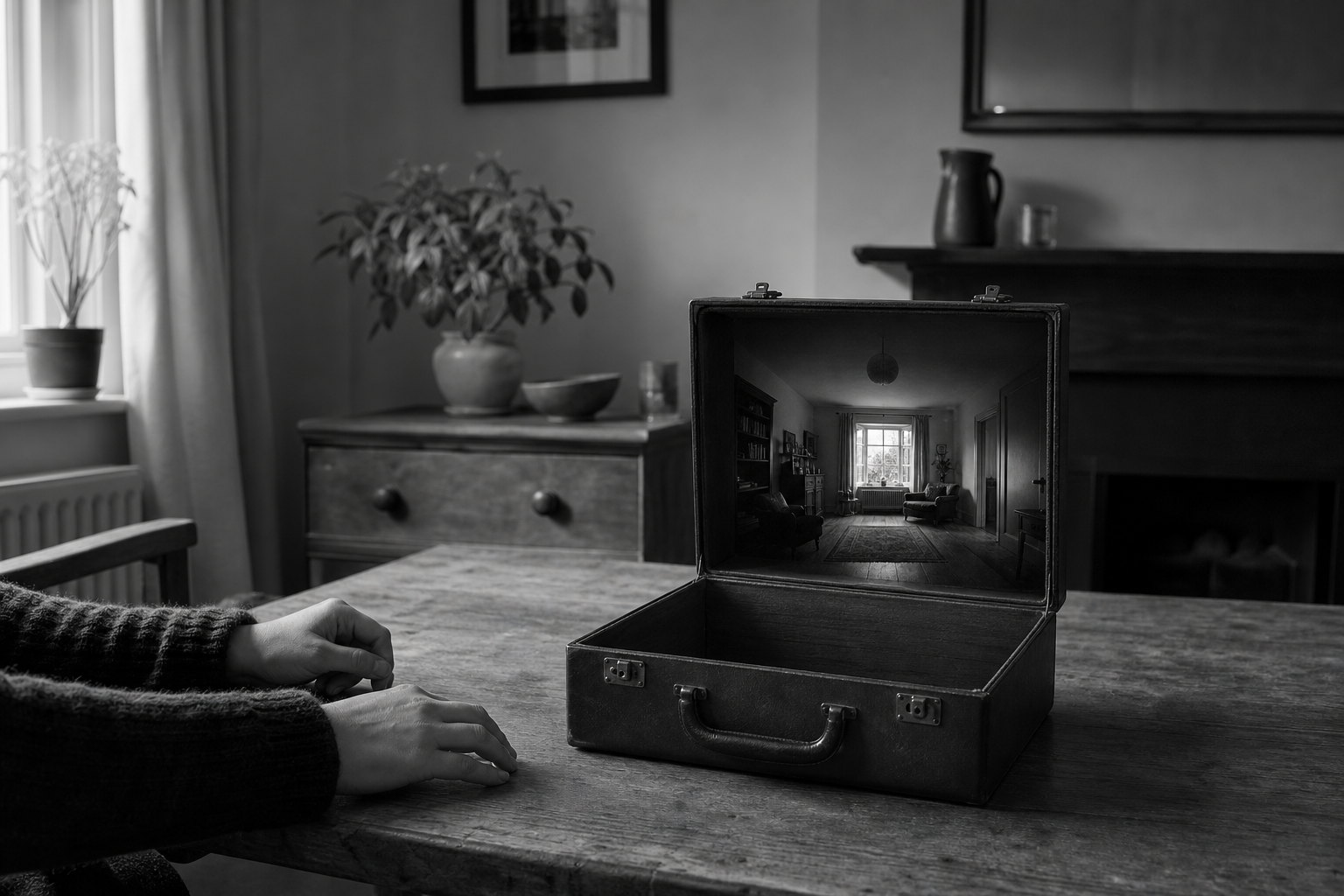An ordinary case open on a table, containing an impossibly room-sized interior: a whole lit sitting room inside the lid.