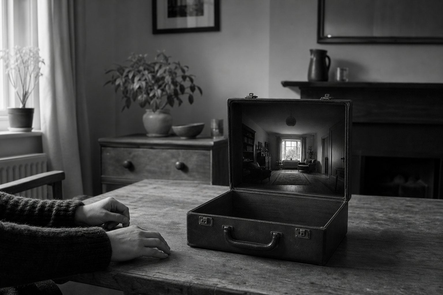 An ordinary case open on a table, containing an impossibly room-sized interior: a whole lit sitting room inside the lid.
