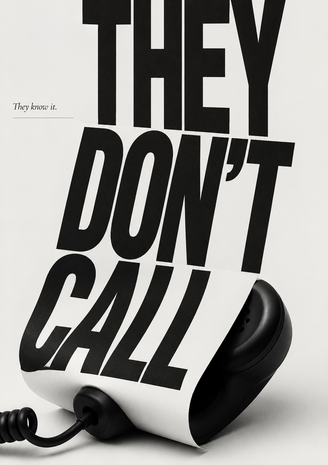 Type poster: the words THEY DON&rsquo;T CALL set huge, printed on a sheet of paper that curls up at the base into the shape of a telephone handset with its coiled cord; a small line reads &lsquo;They know it.&rsquo;