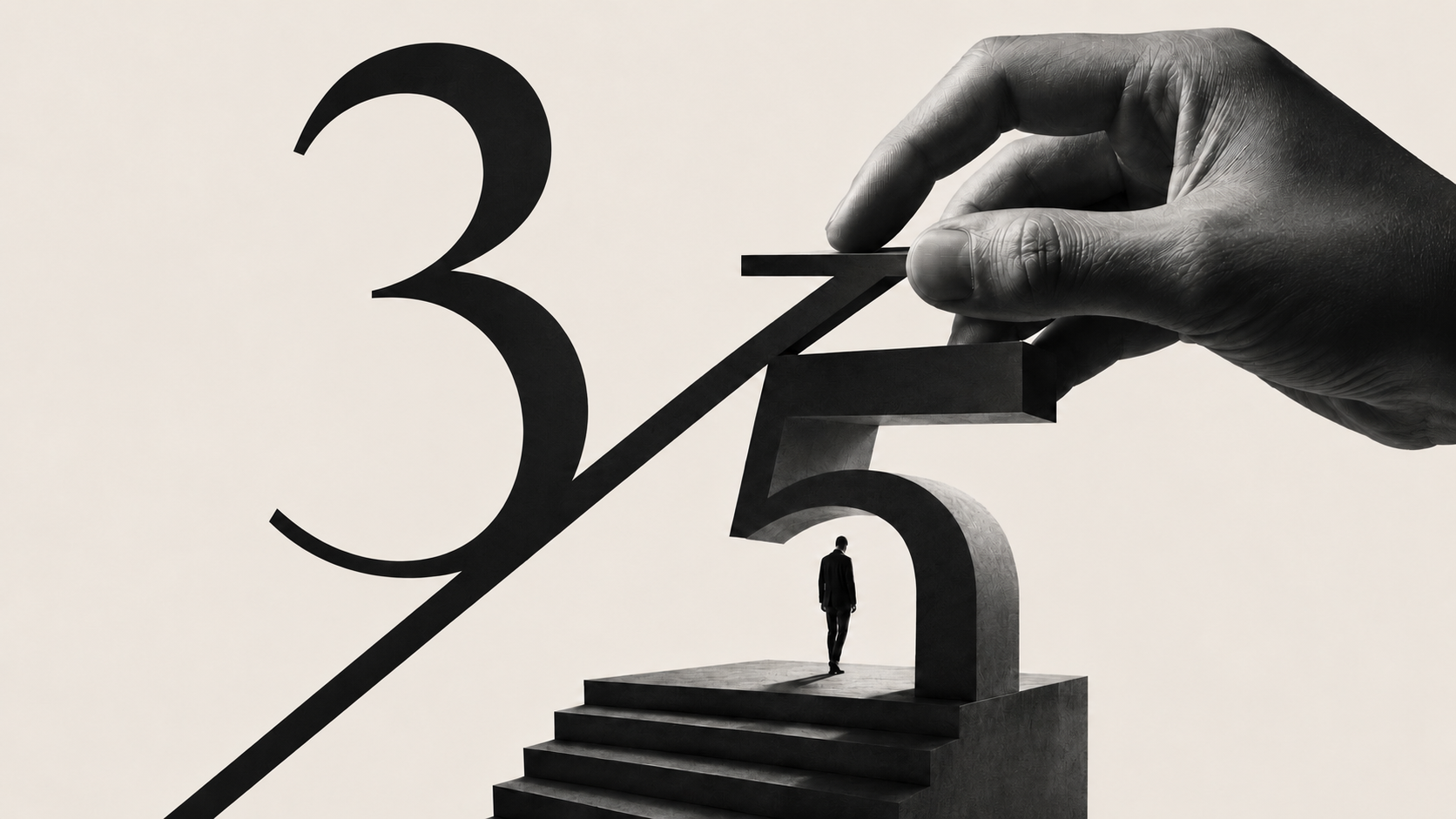 A hand lifts a block of the giant numerals 3 over 5 while a small figure ascends the steps toward it, three to five per cent.