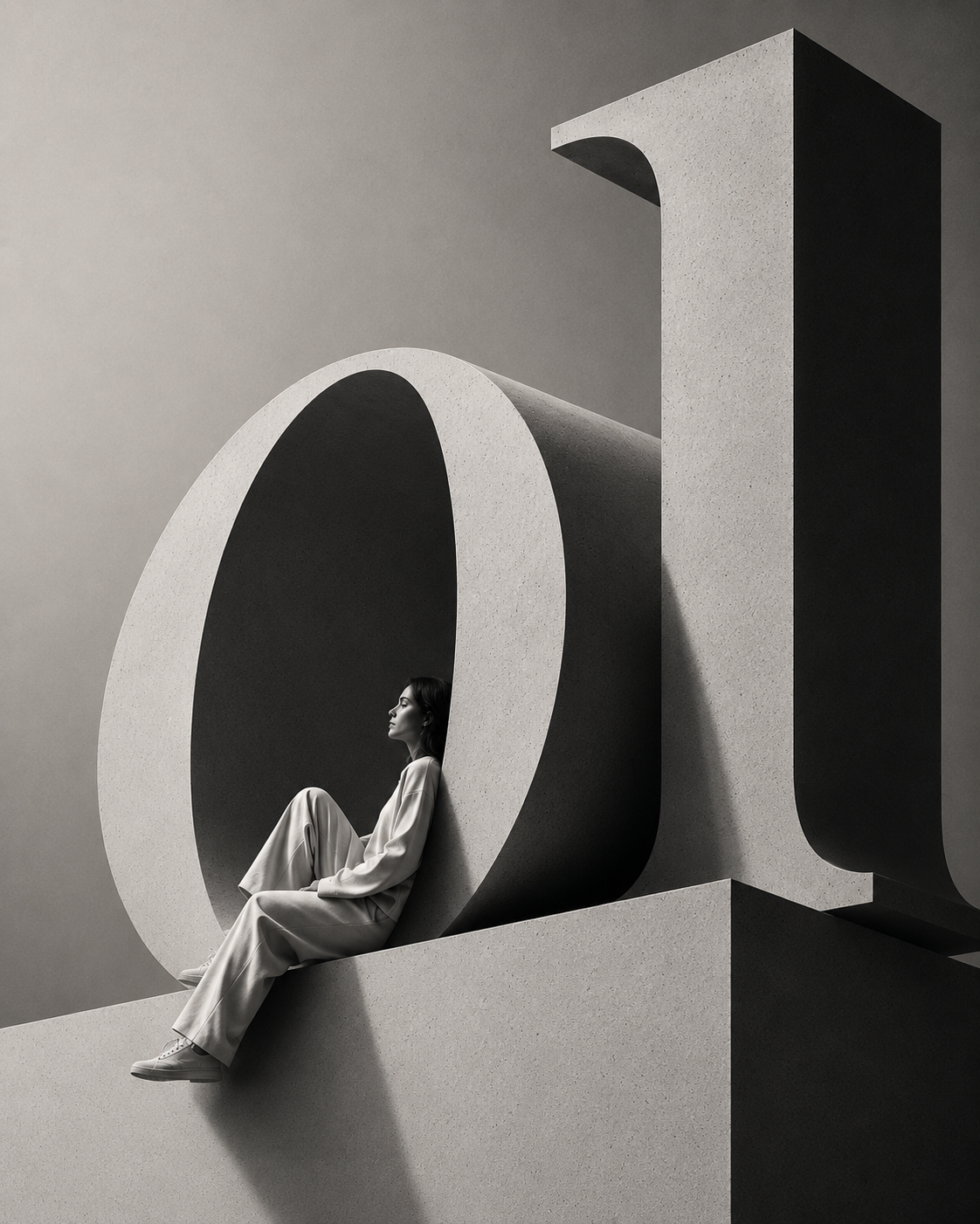 Monumental architectural type: a giant sculpted letter &lsquo;a&rsquo; and &lsquo;1&rsquo; rendered as pale stone forms, with a woman sitting calmly in the curve of the &lsquo;a&rsquo;, resting against it.