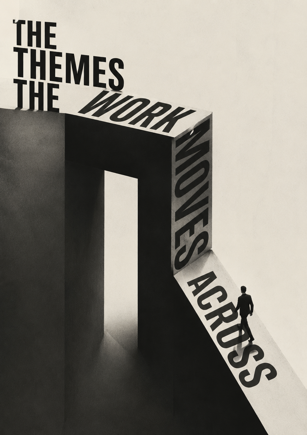 Type poster reading &lsquo;THE THEMES THE WORK MOVES ACROSS&rsquo;, the words wrapping over the faces of a monumental doorway, with a small suited figure walking up the lit ramp toward the opening.